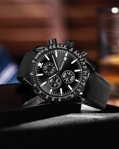 Casotime Men's Leather Band Chronograph Watch - 30M Waterproof Big Face Analog Quartz Date - Work Sport Casual Classical Fashion Designer Dress Wrist Watch - Elegant Gift for Men