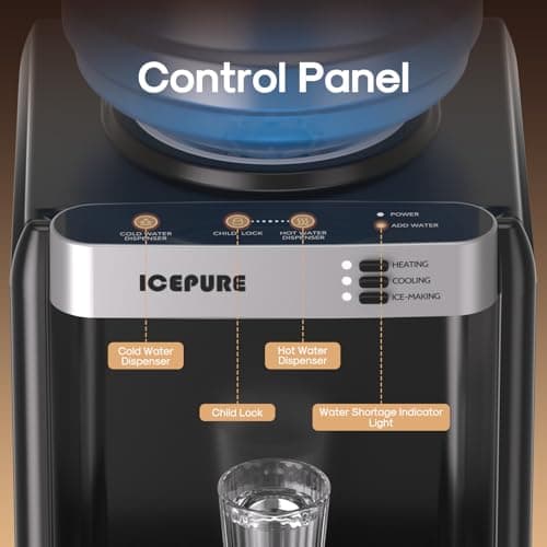 ICEPURE 3-in-1 Water Dispenser with Built-in Ice Maker, Water Cooler Dispenser for 5 Gallon Bottle Top Loading, Hot and Cold Water Dispenser with Child Lock for Home and Office, 33lbs/24H