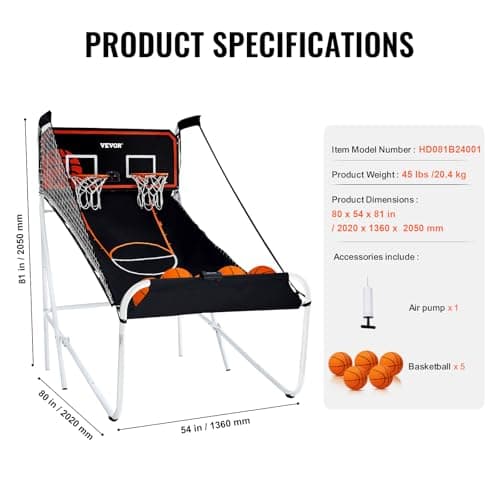 VEVOR Foldable Basketball Arcade Game, 2 Player Indoor Basketball Game, Home Dual Sport with 5 Balls, 8 Game Modes, Electronic Scoreboard, and Inflation Pump,Adults