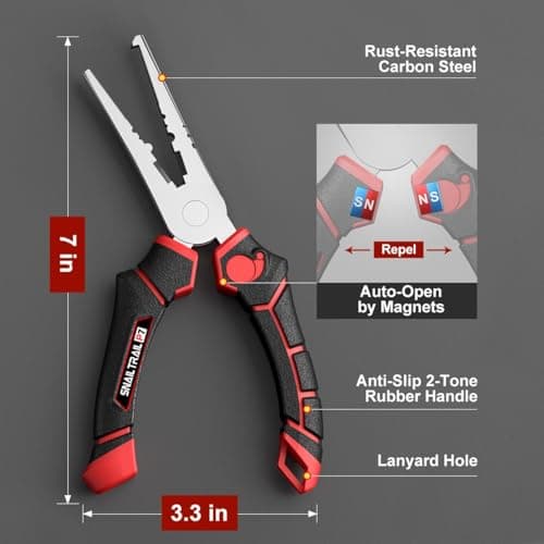 SNAIL TRAIL 7'' Fishing Pliers, Angled Head Split Ring Pliers, Auto-Open by Magnets, Corrosion Resistant Fish Hook Remover, Saltwater Crimping Shot & Wire Cutter Tool