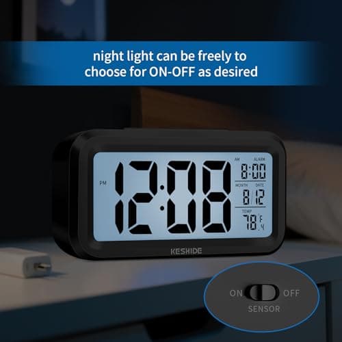 KESHIDE Digital Alarm Clock Battery Operated with Indoor Temperature, Desk Small Clock,Snooze Model,12/24H Display for Bedrooms Heavy Sleepers Kids Travel Bathroom (Black)