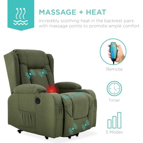 Best Choice Products PU Leather Electric Power Lift Chair, Recliner Massage Chair, Adjustable Furniture for Back, Legs w/ 3 Positions, USB Port, Heat, Cupholders, Easy-to-Reach Side Button - Olive