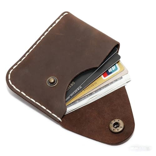 Handmade Handmade Genuine Leather Card Holder with Snap Closure - Ultra Slim Minimalist Wallet, Hand-Stitched Compact Front Pocket Card Case for Men & Women (Dark Coffee)