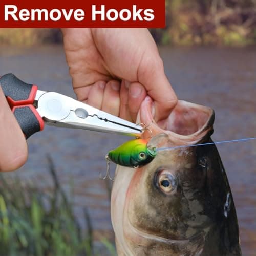 SNAIL TRAIL 7'' Fishing Pliers, Angled Head Split Ring Pliers, Auto-Open by Magnets, Corrosion Resistant Fish Hook Remover, Saltwater Crimping Shot & Wire Cutter Tool