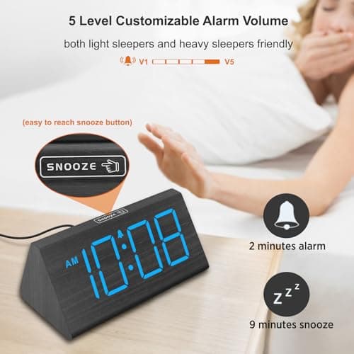 DreamSky Wooden Digital Alarm Clocks for Bedrooms - Electric Desk Clock with Large Numbers, USB Port, Loud Alarm for Heavy Sleepers, Adjustable Volume, Dimmer, DST, Wood Décor Gifts, Adapter Powered