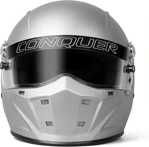 Conquer Snell SA2025 Approved Full Face Auto Racing Race Car Helmet - Adult | Men | Women | - Black / White / Silver