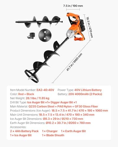 VEVOR 20V/40V Electric Ice Auger, 8 inch Diameter, 2 in 1 Battery Powered Ice Fishing Augers and Earth Auger Combo with Top Plate, Turbo High-Speed Cutting System and Blade Guard