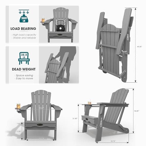 THOEOE Folding Adirondack Chair,HDPE All-Weather Outdoor Chair with Cup Holder,Wooden Textured,Fire Pit Chair,Plastic Patio Chair for Deck,Backyard,Garden,Lawn, Grey