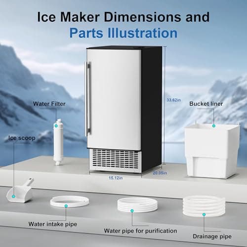 15'' Commercial Under Counter Ice Maker 110 LbS/Day Stainless Steel Ice Machine Built-in Freestanding Ice Maker with 30 Lb Bin Auto-Cleaning 24H Timer Gravity Drainage for Commercial Home