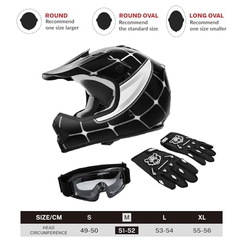 SLMOTO DOT Youth & Kids Motocross Offroad Street Helmet Black Spider Motorcycle Youth Helmet Dirt Bike Motocross ATV Helmet+Goggles+Gloves Medium