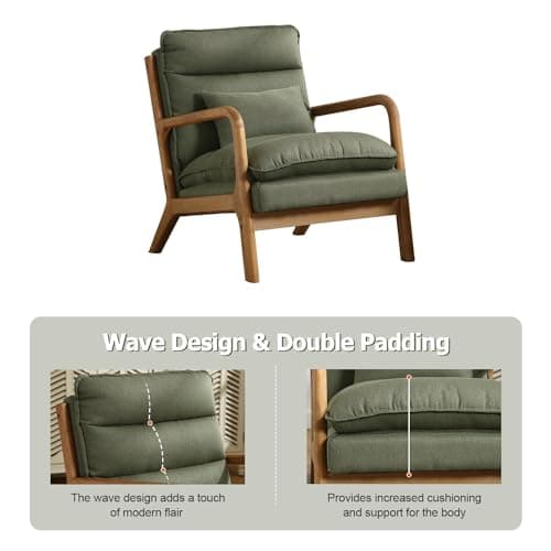 INZOY Mid Century Modern Accent Chair with Wood Frame, Upholstered Reading Armchair with Waist Cushion, Double Padded Accent Chair, Side Chair for Living Room Bedroom Office, Easy Assembly, Green