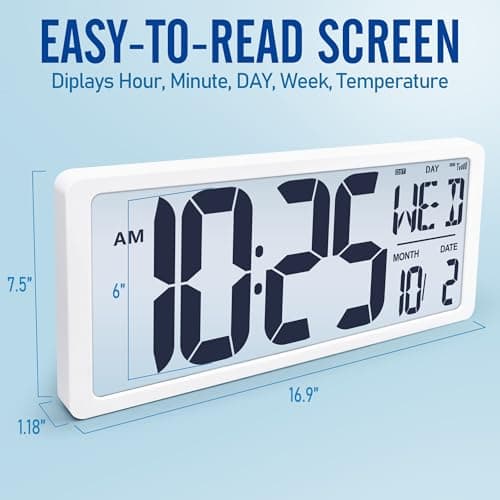Large Digital (6" Numbers) Wall Clock Battery Operated, 18.4" Walll Clock Display with Day, Date & Temperature, Large Wall Clock for Bedroom, Livingroom, Office