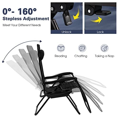 Goplus Zero Gravity Lounge Chairs, 160°Adjustable Folding Recliner w/Pillow and Cup Holder, 350LBS Comfy Outdoor Lounge Chairs for Patio, Lawn, Yard & Camp(1, Black)