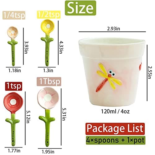 Flower Measuring Spoons Set in Pot Unique Baking Gifts Ceramic Cute Measuring Cups and Spoons with Holder for Dry Wet Ingredients Dishwasher Safe Pink B0BTX9KGZQ