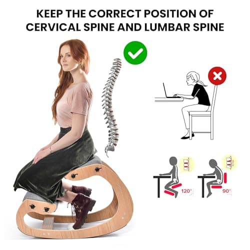 Easyego Kneeling Chair Ergonomic Posture Chair, Wood Adjustable Rocking Knee with Soft Padding, Natural Relief for Neck or Back Pain for Home Office, Max Load 300 lb - Gray