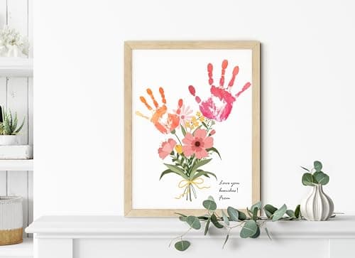 TwoDays Flower Bouquet Handprint Art Craft DIY Kit, Unique Gifts for Mom from Daughter or Son for Mother's Day Birthday Christmas, Gift for Grandma.(12" X 16", with Wood Frame)