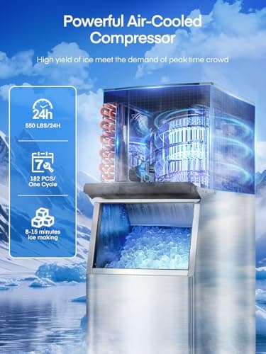 Commercial Ice Maker Machine 500LBS/24H, 350LBS Stainless Steel Storage Bin, 182 Ice Cubes in 10-15min, Self-Cleaning, Air Cooled Ice Machine with LCD Touchscreen for Bar Business Cafe (500 lbs)