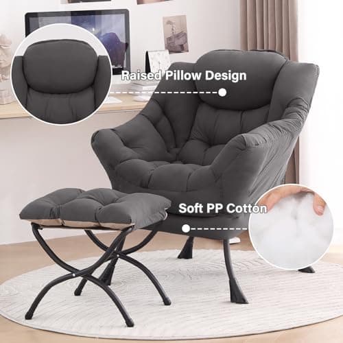 Tiita Modern Large Accent Chair with Ottoman, Comfy Leisure Sofa Armchair with Footrest, Reading Chair for Bedroom, Living Room, Dorm Rooms, Garden Dark Grey