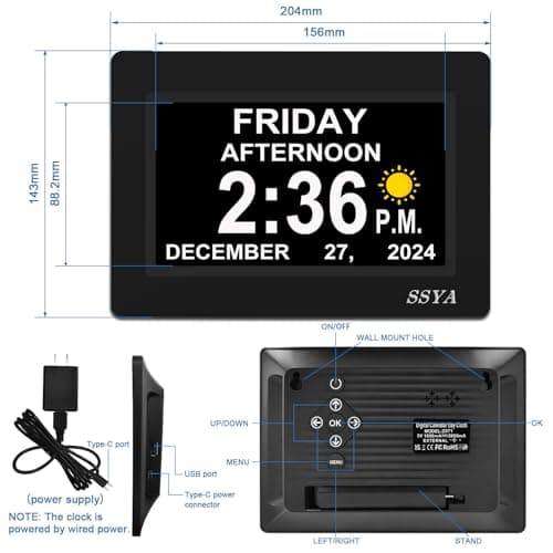 SSYA 7 Inch Calendar Clock - 12 Alarm Options, Level 5 Auto Dimmable Display,Extra Large Impaired Vision Digital Clock with Non-Abbreviated Day & Month (Black)
