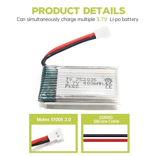 5PCS 3.7V 400mAh Lithium Battery with 5 in 1 Charger for SYMA Q11 H99W H31 H6C H98 AT-96 TR-C385 TR-P51 TR-F22 Quadcopter Spare Parts Aircraft Model Drone Battery (Black)