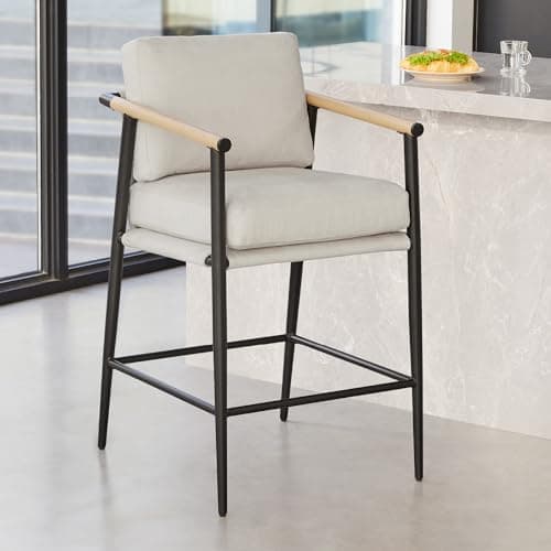 Watson & Whitely Mid Century Modern Barstools Set of 2, 26" H Upholstered Counter Height Bar Stools with Wood Armrests and Metal Legs, Fabric in Beige