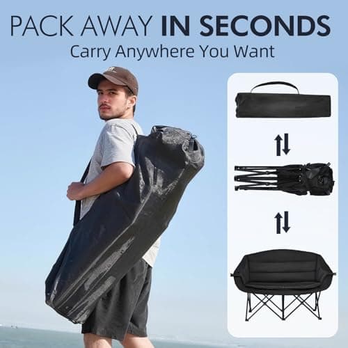 Double Camping Chair Loveseat - 2 Person Oversized Camping Couch for Adults Padded Heavy Duty Outdoor Lawn Beach Portable Folding Chairs with Cup Holders and Carry Bag Support 600lbs, Black/Grey