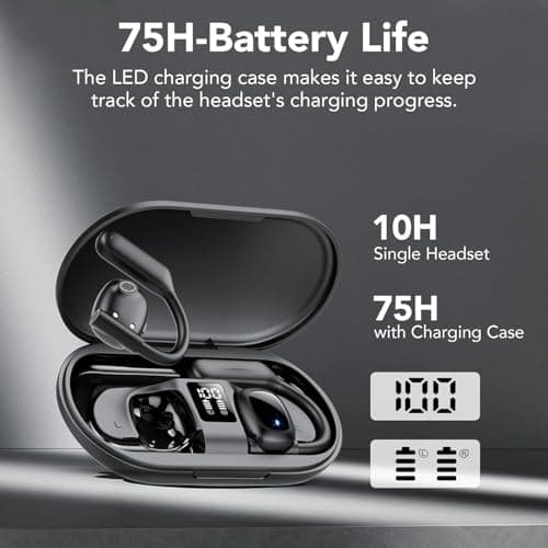 Open Ear Bluetooth 5.3 Earbuds,Wireless Headphones Sport Over Earphones Built-in 4 Mic with Ear Hooks 75H Playtime,Bluetooth Ear Buds with LED Digital Display,IPX5 Waterproof for Running Fitness/Black