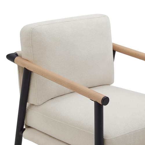 Watson & Whitely Mid Century Modern Barstools Set of 2, 26" H Upholstered Counter Height Bar Stools with Wood Armrests and Metal Legs, Fabric in Beige