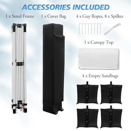 WEIZE Pop up Canopy Tent 10x10ft, 1-Button Push Setup, Instant Portable Shelter, Adjustable Height, Portable Roller Bag, 4 Weight Bags, Guy Ropes & Stakes Included, White