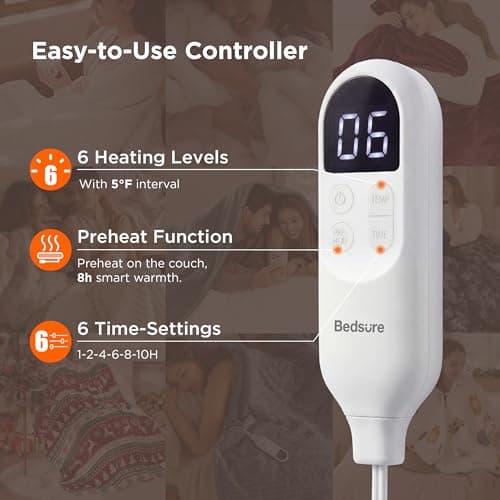Preheat Function, 6 Heat & 6 Timer (Up to 10H) Settings, 8H Auto Shut Off, ETL & FCC, Gifts for Men Senior, Cozy Room Decor Bedsure Thick Heated Blanket Electric Throw, Fast Heating, Grey 50"x60" B0BZYX45MR