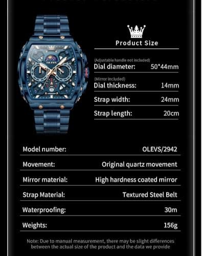 OLEVS Watches for Men Analog Quartz Luxury Diamond Waterproof Chronograph Stainless Steel Big Face Square Date Moon Phase Roman Numeral Dress Watch for Men