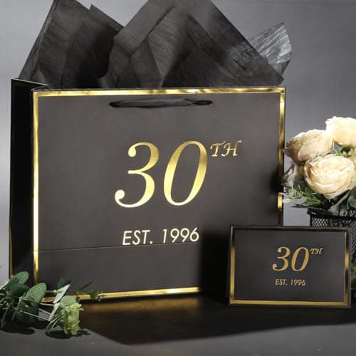 30th Birthday Gift Bag with Card and Tissue Paper for Men Women Him, 1996 30 Year Old 13" Elegant Black Gold Anniversary Keepsake Party Present Shopping Paper Bags for Gifts Wrapping (1996 30th) B0DLX3WCH7