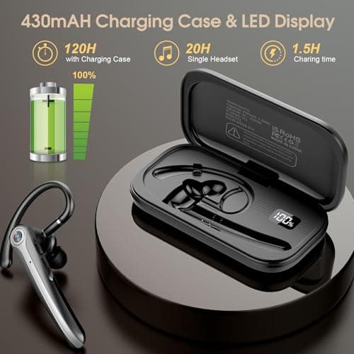 Atheewon Bluetooth Headset, Wireless Bluetooth Earpiece with ENC Noise Canceling Mic, 120Hrs Talk Single-Ear Headphones, LED Display, IPX7, V5.4 Hand-Free Earphone for Business/Trucker/Driver, Black