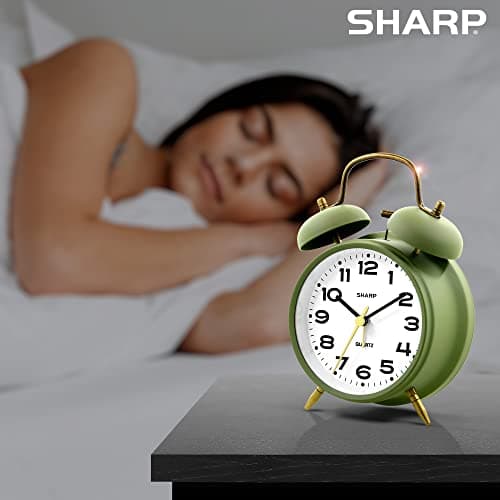 Sharp Twin Bell Alarm Clock, Loud Alarm Great for Heavy Sleepers - Stylish Matte Finish with Rustic Bronze Accents, Battery Operated (Matte Sage)