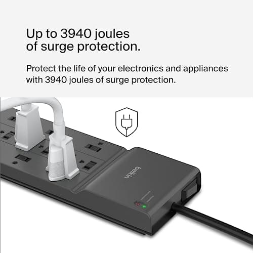 Belkin 12-Outlet Surge Protector Power Strip w/ 12 AC Outlets & 8ft Flat Plug, UL-listed Heavy-Duty Extension Cord for Home, Office, Travel, Computer, Laptop, Charger - 3,940 Joules of Protection