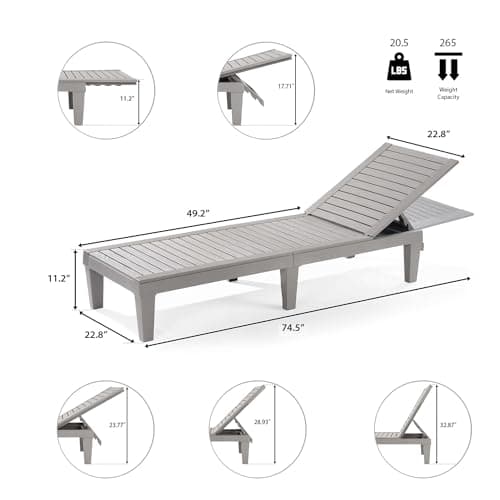 Nestl Patio Chairs - Grey Chaise Lounge Chair Outdoor, 5-Position Adjustable Sun Tanning Chair, Waterproof Pool Lounge Chairs Set of 2, Reclining Lawn Chair, Lightweight Outdoor Lounge Chairs
