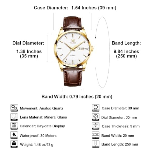 QBAIZI Men's Casual Leather Watch, Easy to Read Three-Hand Analog Stainless Steel Watches for Men, Minimalist Day Date Waterproof Luminous Mens Quartz Wristwatch