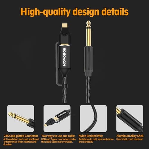 HOSONGIN USB Guitar Cable, Dual USB-C and USB-A Connectors, 16-bit/48kHz High-Fidelity Audio Adapter for Electric Guitar/Bass, Compatible with GarageBand, Audacity, and MacBook, 10 Feet