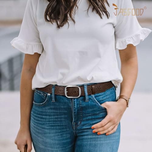 JASGOOD Women's Hollow Flower Genuine Leather Belt for Jeans Pants Wide Belt for Ladies