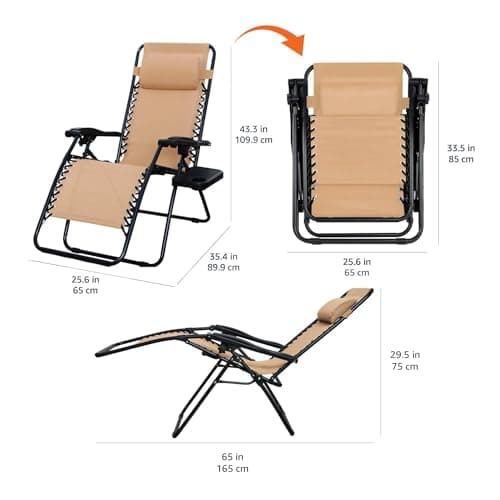 Amazon Basics Outdoor Textilene Adjustable Zero Gravity Folding Reclining Lounge Chair Set with Cup Holder, Side Table, Headrest, Weather-Resistant, 35 x 26 x 43 inches, Beige, 2-Pack