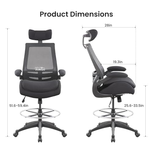 BOLISS Big and Tall Drafting Chair 400lbs - High Back Ergonomic Office Chair for Standing Desk with Double Thick Seat Cushion, Adjustable Foot Ring, Lumbar Support & Flip Up Armrests (Black)