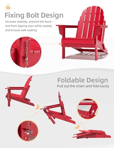BUPPLEE Folding Adirondack Chair, 450 LBS Heavy Duty HDPE Poly Lumber Fire Pit Chair for Outside, All-Weather Resistant Plastic Adirondack Chairs for Patio, Garden, Deck & Backyard, Red