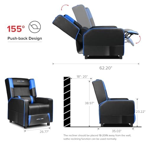 GTPLAYER Gaming Recliner Chair for Living Room Racing Style Single PU Leather Gaming Sofa for Adults Modern Game Recliners Ergonomic Comfortable Home Theater Seating, Blue