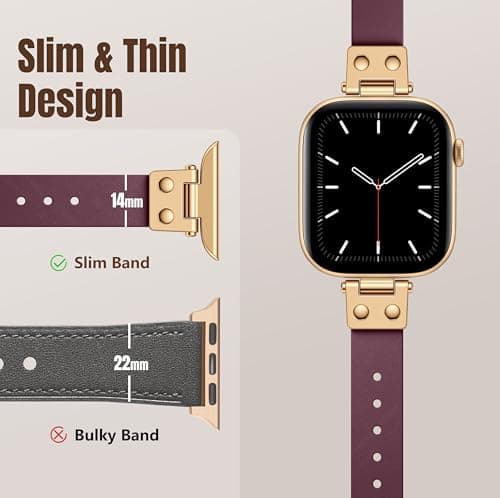 SNBLK Slim Leather Band Compatible with Apple Watch Bands for Women 40mm 41mm 42mm 44mm 46mm 49mm 38mm 45mm, Dressy Top Grain Genuine Leather Strap for iWatch SE Series 11/10/9/8/7/6/5/4/3/2/1 Ultra