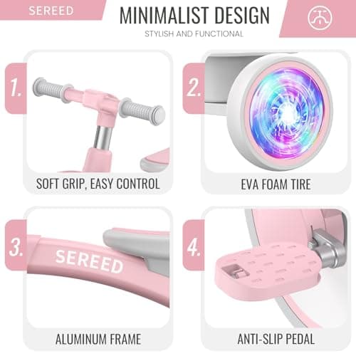 SEREED Colorful Lighting Toddler Tricycle for 2-5 Years Old Girls, Adjustable Seat&Handlebar Trike, Removable Basket, Birthday Gift Idea for Kids Ages 2+ (Pink)