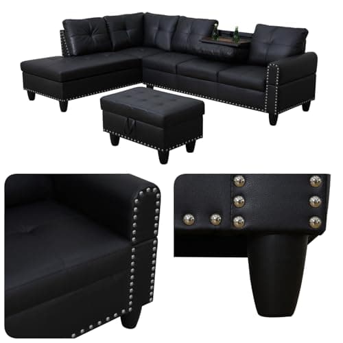 Topcomfy 97.5" L Shaped Couch Set, Modular Sectional Couches for Living Room with Storage Ottoman, 4 Seat Home Sofa Living Room Furniture Sets with Chaise for Apartment Office (Leather, Black)