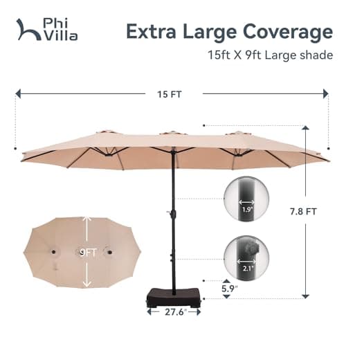 PHI VILLA 15ft Large Patio Umbrellas with Base Included, Outdoor Double-Sided Rectangle Big Market Umbrella with Stand, Outside Umbrellas for Poolside Lawn Backyard, Beige