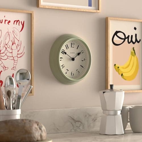 JONES CLOCKS® Frieze Wall Clock | Small Elegant Classic Round Clock | 23cm | Sage Green | Pretty Design Ideal for The Kitchen, Living Room, Bedroom, Large or Small Spaces