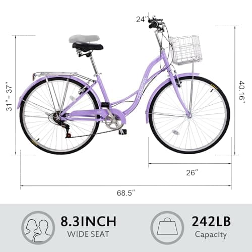 26" Cruiser Bike Commuter Bike 7 Speed Women's Bicycle Beach Cruiser with Ergonomic Upright Design, Adjustable Saddle, Dual Fenders & V Brake and High Carbon Steel Frame