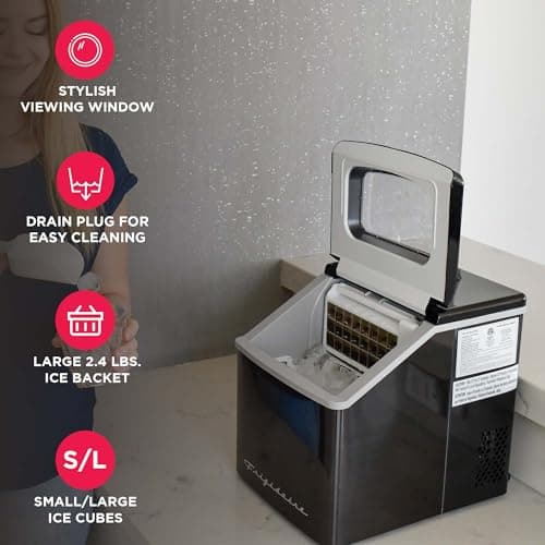 Frigidaire Ice Maker EFIC452, Countertop Stainless Steel Ice Maker with Transparent Window, Clear Ice Cube Maker with 40 lbs. Capacity, Ice Maker Machine – 14.8" D x 11" W x 14.1" H (Black)